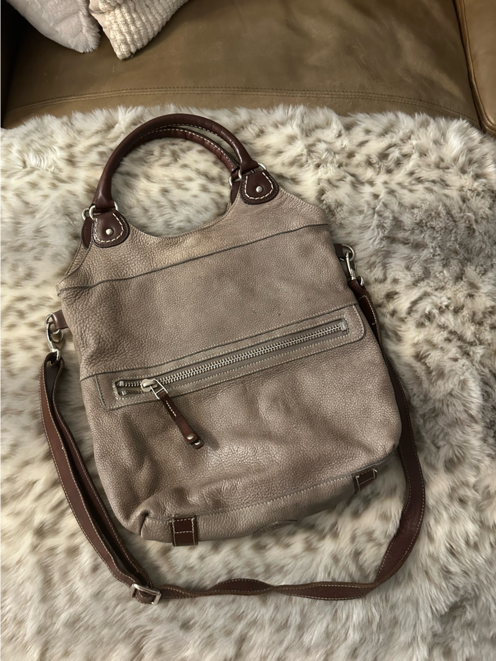 Roots Taupe and Brown Genuine Leather Hobo Shoulder Bag